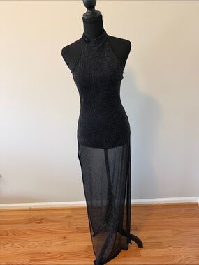 Black Sparkle Halter Maxi Dress with Sheer Skirt